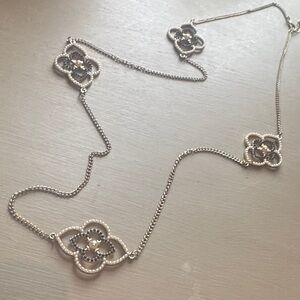 Silver Floral Long Station Necklace - Elegant Silver Tone